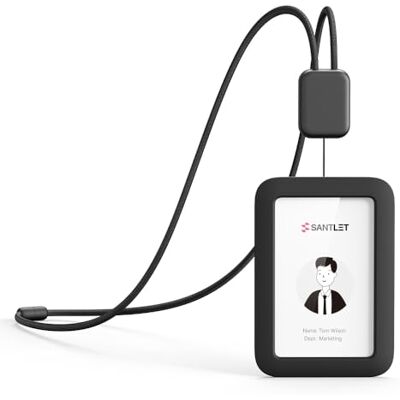 SANTLET Porte-badge d'identification de qualité supérieure rétractable avec cordon, boucle de sécurité, porte carte d'identification verticale en silicone souple pour personnel de bureau, employés (Noir) - Publicité SANTLET Porte-badge d'identification de qualité supérieure rétractable avec cordon, boucle de sécurité, porte carte d'identification verticale en silicone souple pour personnel de bureau, employés (Noir) - Publicité