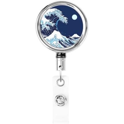 Woshuwo Enrouleur de badge rétractable en métal, motif vague dans l'océan, art japonais, porte-badge rotatif pour carte d'identité, porte-clés, pour infirmière, médecin, enseignant, bureau - Publicité Woshuwo Enrouleur de badge rétractable en métal, motif vague dans l'océan, art japonais, porte-badge rotatif pour carte d'identité, porte-clés, pour infirmière, médecin, enseignant, bureau - Publicité
