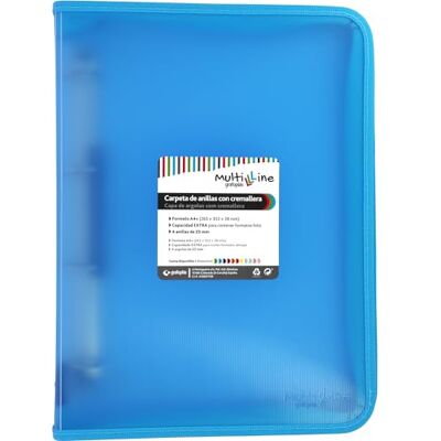 Grafoplás Classeur à anneaux avec fermeture éclair A4+, bleu clair, multiline, 4 anneaux mixtes de 25 mm, couverture en polypropylène rayé vertical, capacité supplémentaire pour feuilles de papier - Publicité Grafoplás Classeur à anneaux avec fermeture éclair A4+, bleu clair, multiline, 4 anneaux mixtes de 25 mm, couverture en polypropylène rayé vertical, capacité supplémentaire pour feuilles de papier - Publicité