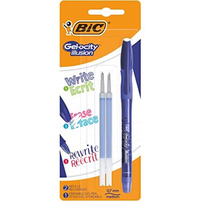 BIC Gel-ocity Illusion Stylo Gel Effaçable Pointe Moyenne (0,7 mm) Bleu, Blister de 1 + 2 Recharges - Publicité BIC Gel-ocity Illusion Stylo Gel Effaçable Pointe Moyenne (0,7 mm) Bleu, Blister de 1 + 2 Recharges - Publicité