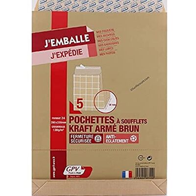GPV Paquet de 5 Sac à soufflet Format 24 (260x330x30 mm), sans fenêtre, qualité papier kraft : 120 g/m2 Certifié PEFC - Publicité GPV Paquet de 5 Sac à soufflet Format 24 (260x330x30 mm), sans fenêtre, qualité papier kraft : 120 g/m2 Certifié PEFC - Publicité
