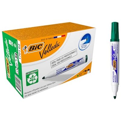 BIC Velleda 1701 ECOlutions Feutres pour Tableau Blanc Effaçables à Sec à Pointe Conique Moyenne Vert, Boîte de 12 - Publicité BIC Velleda 1701 ECOlutions Feutres pour Tableau Blanc Effaçables à Sec à Pointe Conique Moyenne Vert, Boîte de 12 - Publicité