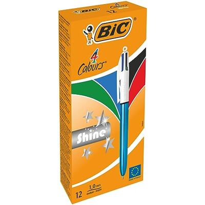 BIC 4 Couleurs Shine Stylos-Bille Rétractables Pointe Moyenne (1,0 mm) Corps Bleu Métallisé, Boîte de 12 - Publicité BIC 4 Couleurs Shine Stylos-Bille Rétractables Pointe Moyenne (1,0 mm) Corps Bleu Métallisé, Boîte de 12 - Publicité