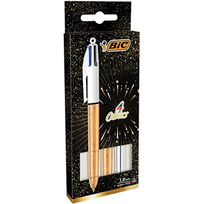 BIC 4 Couleurs, Stylo 4 Couleurs, 2 Stylos Bille Dorés Texturés Effet Givré et 1 Stylo à Bille Argenté Effet Métallisé, Pointe Moyenne (1 mm), Lot de 3 - Publicité BIC 4 Couleurs, Stylo 4 Couleurs, 2 Stylos Bille Dorés Texturés Effet Givré et 1 Stylo à Bille Argenté Effet Métallisé, Pointe Moyenne (1 mm), Lot de 3 - Publicité
