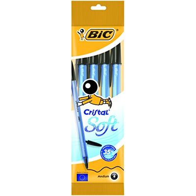 BIC Cristal Soft Stylos-Bille Noir, Pochette de 4 - Publicité BIC Cristal Soft Stylos-Bille Noir, Pochette de 4 - Publicité