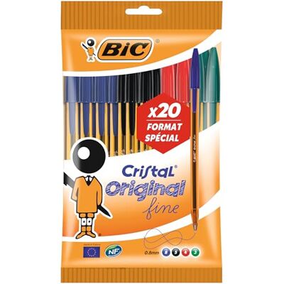 BIC Cristal Original Stylos-Bille Pointe Fine (0,8 mm) Écriture Fine et Précise Couleurs Assorties, Pochette Format Spécial de 20 - Publicité BIC Cristal Original Stylos-Bille Pointe Fine (0,8 mm) Écriture Fine et Précise Couleurs Assorties, Pochette Format Spécial de 20 - Publicité