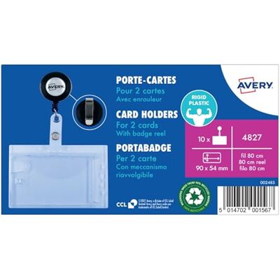 Avery Boite de 10 porte-cartes en plastique rigide transparent avec enrouleur, Pour 2 cartes magnétiques, Format 90 x 54 mm, (4827) - Publicité Avery Boite de 10 porte-cartes en plastique rigide transparent avec enrouleur, Pour 2 cartes magnétiques, Format 90 x 54 mm, (4827) - Publicité