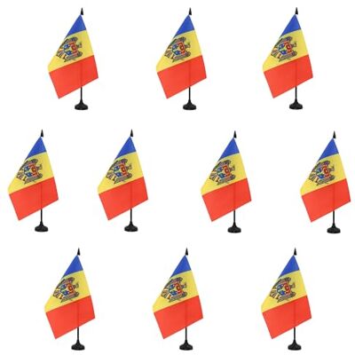 AZ FLAG Lot de 10 Drapeau De Table Moldavie 21x14 cm 10 Petits Drapeaux Moldave De Bureau 100% Polyester Avec Hampe De 25cm Et Socle En Plastique Noir - Publicité AZ FLAG Lot de 10 Drapeau De Table Moldavie 21x14 cm 10 Petits Drapeaux Moldave De Bureau 100% Polyester Avec Hampe De 25cm Et Socle En Plastique Noir - Publicité