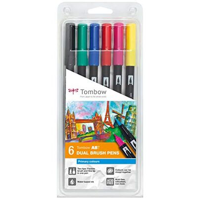 Tombow ABT-6P-1 Lot de 6 Feutres pinceau à 2 pointes, couleurs primaires - Publicité Tombow ABT-6P-1 Lot de 6 Feutres pinceau à 2 pointes, couleurs primaires - Publicité