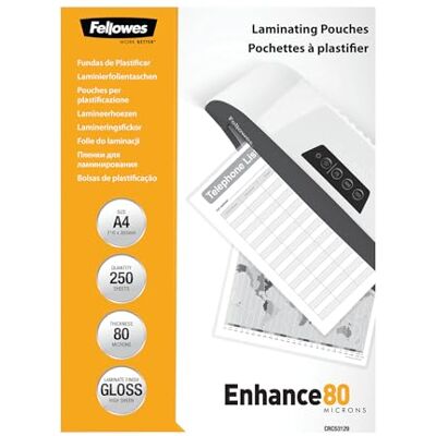 Fellowes 5312903 Enhance Pochettes de plastification brillantes A4 80 microns Pack de 250 Transparent - Publicité Fellowes 5312903 Enhance Pochettes de plastification brillantes A4 80 microns Pack de 250 Transparent - Publicité