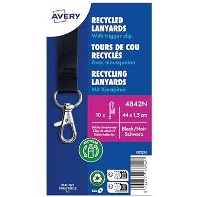 Avery – Lot de 10 tours de cou noir fabriqué à partir de plastique reconditionnés avec mousqueton en métal 44 x 1,5 cm – tours de cou en polyester satiné fabriqué à partir de plastique reconditionné - Publicité Avery – Lot de 10 tours de cou noir fabriqué à partir de plastique reconditionnés avec mousqueton en métal 44 x 1,5 cm – tours de cou en polyester satiné fabriqué à partir de plastique reconditionné - Publicité