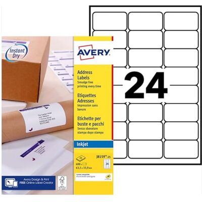 Avery Étiquettes Adresses Blanches Autocollantes 600 Pièces 63,5 x 33,9 mm Jet d'Encre - Publicité Avery Étiquettes Adresses Blanches Autocollantes 600 Pièces 63,5 x 33,9 mm Jet d'Encre - Publicité