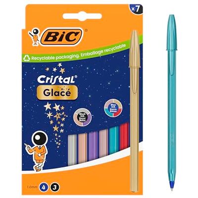 BIC Cristal Glacé Stylos-Bille Pointe Moyenne (1,00 mm) Cartouches d’encre rechargeables Couleurs de corps et d'encres assortis, boîte de 7 - Publicité BIC Cristal Glacé Stylos-Bille Pointe Moyenne (1,00 mm) Cartouches d’encre rechargeables Couleurs de corps et d'encres assortis, boîte de 7 - Publicité