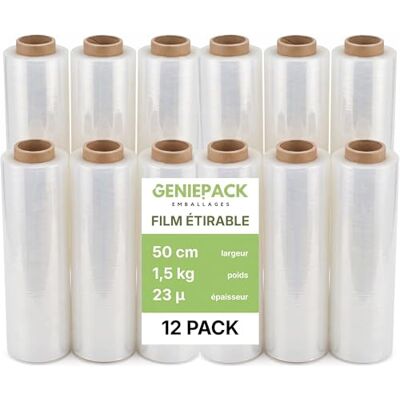 GENIEPACK Lot de 12 Rouleaux de Film Étirable Transparent pour Palette – Qualité Industrielle – 500 mm x 23 Microns – 1,5kg par rouleau – Film de Palettisation et/ou Déménagement Ultra Résistant - Publicité GENIEPACK Lot de 12 Rouleaux de Film Étirable Transparent pour Palette – Qualité Industrielle – 500 mm x 23 Microns – 1,5kg par rouleau – Film de Palettisation et/ou Déménagement Ultra Résistant - Publicité