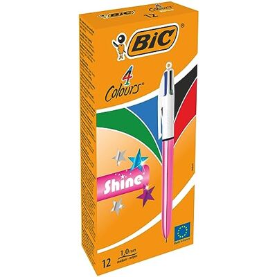 BIC 4 Couleurs Shine Stylos-Bille Rétractables Pointe Moyenne (1,0 mm) Corps Rose Métallisé, Boîte de 12 - Publicité BIC 4 Couleurs Shine Stylos-Bille Rétractables Pointe Moyenne (1,0 mm) Corps Rose Métallisé, Boîte de 12 - Publicité