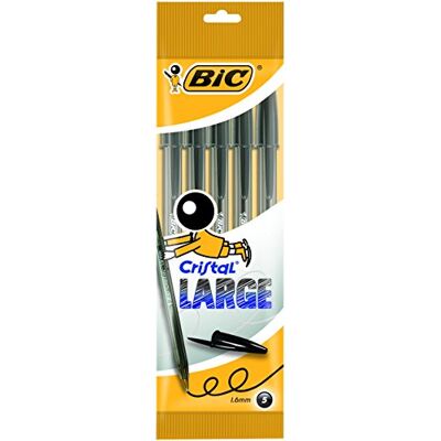 BIC Cristal Large Pochette de 5 Stylos-billes Noir, 5 Unité - Publicité BIC Cristal Large Pochette de 5 Stylos-billes Noir, 5 Unité - Publicité