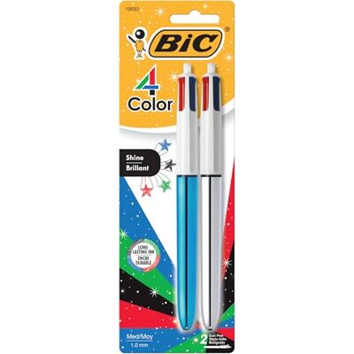 BIC 4 Color Shine Lot de 2 stylos à bille rétractables avec pointe moyenne de 1 mm et facile à transporter - Publicité BIC 4 Color Shine Lot de 2 stylos à bille rétractables avec pointe moyenne de 1 mm et facile à transporter - Publicité