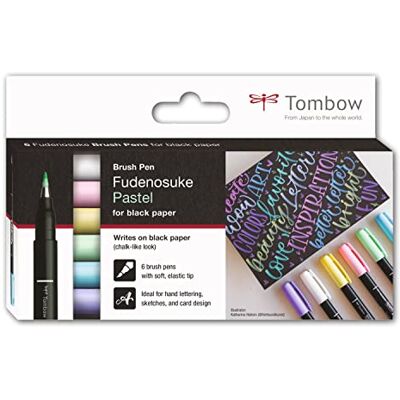 Tombow Set de 6 feutres Brush Fudenosuke pastel pour papier noir - Publicité Tombow Set de 6 feutres Brush Fudenosuke pastel pour papier noir - Publicité