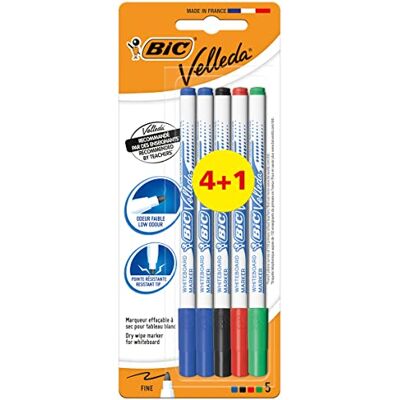 BIC Velleda 1721 Feutres pour Tableau Blanc Effaçables à Sec Pointe Conique Fine Couleurs Assorties, Blister de 4+1 - Publicité BIC Velleda 1721 Feutres pour Tableau Blanc Effaçables à Sec Pointe Conique Fine Couleurs Assorties, Blister de 4+1 - Publicité