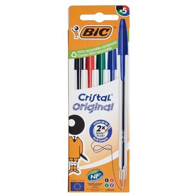 BIC 5 stylos bille Cristal, encres assorties - - Publicité BIC 5 stylos bille Cristal, encres assorties - - Publicité