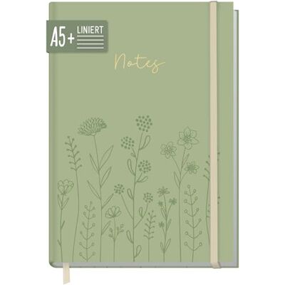 Häfft paper&you® Carnet A5+ ligné "Fine Flowers sauge" Carnet de 156 pages lignées avec élastique, papier 100 g/m² – pour tenir un journal, prendre des notes - Publicité Häfft paper&you® Carnet A5+ ligné "Fine Flowers sauge" Carnet de 156 pages lignées avec élastique, papier 100 g/m² – pour tenir un journal, prendre des notes - Publicité