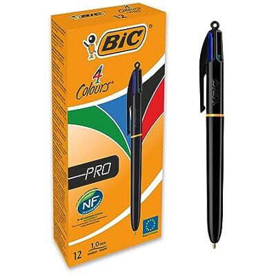 BIC 4 Couleurs Pro Stylos-Bille Rétractables (Pointe Moyenne (1 mm) / Parfait pour l'Ecole et au Bureau) Couleurs Assorties, Boîte de 12 - Publicité BIC 4 Couleurs Pro Stylos-Bille Rétractables (Pointe Moyenne (1 mm) / Parfait pour l'Ecole et au Bureau) Couleurs Assorties, Boîte de 12 - Publicité