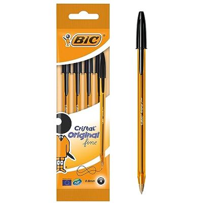 BIC Cristal Original Stylos-Bille Pointe Fine (0,8 mm) Noir, Pochette de 4 - Publicité BIC Cristal Original Stylos-Bille Pointe Fine (0,8 mm) Noir, Pochette de 4 - Publicité