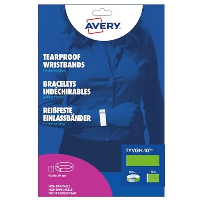 Avery Sachet de 100 bracelets d’identification papier Tyvek vert fluo, largeur 19 mm, résistants à l’eau, indéchirables, fermeture sécurisée, événements contrôle d’accès - Publicité Avery Sachet de 100 bracelets d’identification papier Tyvek vert fluo, largeur 19 mm, résistants à l’eau, indéchirables, fermeture sécurisée, événements contrôle d’accès - Publicité