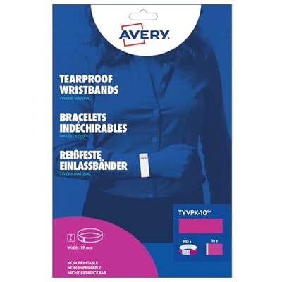 Avery Sachet de 100 bracelets d’identification papier Tyvek rose fluo, largeur 19 mm, résistants à l’eau, indéchirables, fermeture sécurisée, événements contrôle d’accès - Publicité Avery Sachet de 100 bracelets d’identification papier Tyvek rose fluo, largeur 19 mm, résistants à l’eau, indéchirables, fermeture sécurisée, événements contrôle d’accès - Publicité