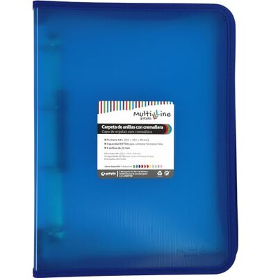 Grafoplás Classeur à anneaux avec fermeture éclair A4+ Bleu Multiline 4 anneaux mixtes 25 mm Couverture en polypropylène rayé vertical Capacité supplémentaire pour feuilles de papier format - Publicité Grafoplás Classeur à anneaux avec fermeture éclair A4+ Bleu Multiline 4 anneaux mixtes 25 mm Couverture en polypropylène rayé vertical Capacité supplémentaire pour feuilles de papier format - Publicité