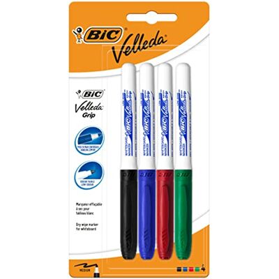 BIC Velleda Grip Feutres pour Tableau Blanc Effaçables à Sec Pointe Conique Large Couleurs Assorties, Blister de 4 - Publicité BIC Velleda Grip Feutres pour Tableau Blanc Effaçables à Sec Pointe Conique Large Couleurs Assorties, Blister de 4 - Publicité