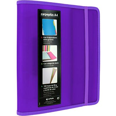 Grafoplás 88200035. Classeur à 4 anneaux, A4, violet, polypropylène, avec rabat latéral, recharge de 100 feuilles, intercalaires et enveloppes transparentes, Multiline. Publicité Grafoplás 88200035. Classeur à 4 anneaux, A4, violet, polypropylène, avec rabat latéral, recharge de 100 feuilles, intercalaires et enveloppes transparentes, Multiline. Publicité