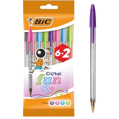 BIC Cristal Fun Stylos-Bille Pointe Large (1,6 mm) Écriture Large et Intense Couleurs Assorties, Pochette Format Spécial de 8 - Publicité BIC Cristal Fun Stylos-Bille Pointe Large (1,6 mm) Écriture Large et Intense Couleurs Assorties, Pochette Format Spécial de 8 - Publicité