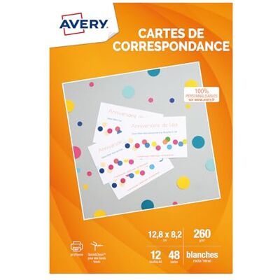 Avery Pochette de 48 cartes de correspondance à bords lisses (260g/m²). Personnalisables et imprimables. Format 128 x 82 mm. Impression jet d'encre. Publicité Avery Pochette de 48 cartes de correspondance à bords lisses (260g/m²). Personnalisables et imprimables. Format 128 x 82 mm. Impression jet d'encre. Publicité