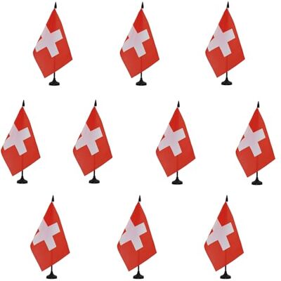 AZ FLAG Lot de 10 Drapeau De Table Suisse 21x14 cm 10 Petits Drapeaux Helvétique De Bureau 100% Polyester Avec Hampe De 25cm Et Socle En Plastique Noir - Publicité AZ FLAG Lot de 10 Drapeau De Table Suisse 21x14 cm 10 Petits Drapeaux Helvétique De Bureau 100% Polyester Avec Hampe De 25cm Et Socle En Plastique Noir - Publicité