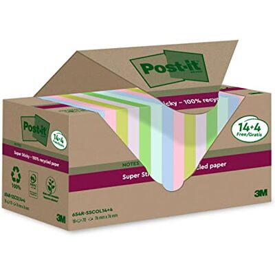 Post-It Notes Super Sticky, Papier Recyclé, 14 Blocs + 4 GRATUITS, 76x76mm - Publicité Post-It Notes Super Sticky, Papier Recyclé, 14 Blocs + 4 GRATUITS, 76x76mm - Publicité