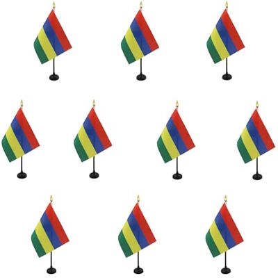 AZ FLAG Lot de 10 Mini Drapeau Maurice De Table 15x10 cm 10 Drapeaux Mauricien De Bureau 100% Polyester Avec Hampe Point Dorée - Publicité AZ FLAG Lot de 10 Mini Drapeau Maurice De Table 15x10 cm 10 Drapeaux Mauricien De Bureau 100% Polyester Avec Hampe Point Dorée - Publicité