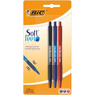 BIC Soft Feel Stylos-Bille Rétractables avec Grip en Caoutchouc, Pointe Moyenne (1,0 mm) Couleurs Assorties, Blister de 3 - Publicité BIC Soft Feel Stylos-Bille Rétractables avec Grip en Caoutchouc, Pointe Moyenne (1,0 mm) Couleurs Assorties, Blister de 3 - Publicité