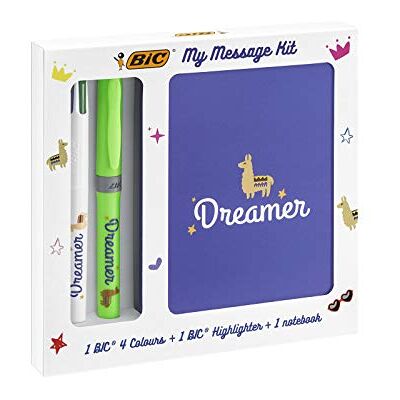 BIC My Message Dreamer Kit Kit de Papeterie avec 1 Stylo à Bille 4 Couleurs, 1 Surligneur Grip Green, 1 Carnet de notes A6 Blanc - Publicité BIC My Message Dreamer Kit Kit de Papeterie avec 1 Stylo à Bille 4 Couleurs, 1 Surligneur Grip Green, 1 Carnet de notes A6 Blanc - Publicité