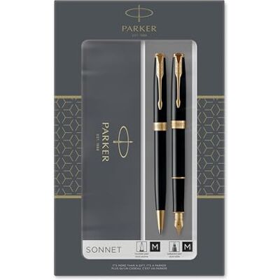 Parker Sonnet Duo coffret-cadeau avec stylo bille et stylo plume (pointe or 18 carats) finition noire laquée avec attributs or recharge et cartouche d’encre noire coffret-cadeau - Publicité Parker Sonnet Duo coffret-cadeau avec stylo bille et stylo plume (pointe or 18 carats) finition noire laquée avec attributs or recharge et cartouche d’encre noire coffret-cadeau - Publicité
