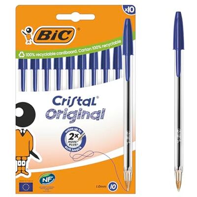 BIC Cristal Original Stylos-Bille Pointe Moyenne (1,0 mm) Parfait pour l'Ecole et au Bureau Bleu, Boîte carton de 10 - Publicité BIC Cristal Original Stylos-Bille Pointe Moyenne (1,0 mm) Parfait pour l'Ecole et au Bureau Bleu, Boîte carton de 10 - Publicité