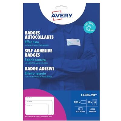 Avery L4785-20 200 badges autocollants pour textile imprimables laser 200 badges autocollants 80 × 50 mm Laser - Publicité Avery L4785-20 200 badges autocollants pour textile imprimables laser 200 badges autocollants 80 × 50 mm Laser - Publicité
