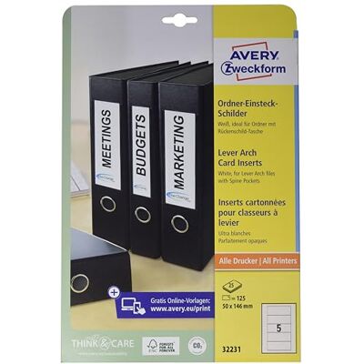 Avery 32231 Lot de 125 étiquettes de classeur, 50 x 146 mm - Publicité Avery 32231 Lot de 125 étiquettes de classeur, 50 x 146 mm - Publicité
