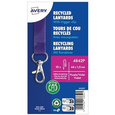 Avery – Lot de 10 tours de cou violet fabriqué à partir de plastique reconditionnés avec mousqueton en métal 44 x 1,5 cm – tours de cou en polyester satiné fabriqué à partir de plastique reconditionné - Publicité Avery – Lot de 10 tours de cou violet fabriqué à partir de plastique reconditionnés avec mousqueton en métal 44 x 1,5 cm – tours de cou en polyester satiné fabriqué à partir de plastique reconditionné - Publicité