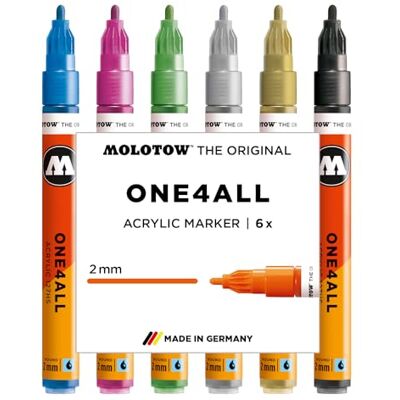 Marqueurs acryliques MOLOTOW One4All - Lot de 6, pointe 2,0 mm - Publicité Marqueurs acryliques MOLOTOW One4All - Lot de 6, pointe 2,0 mm - Publicité