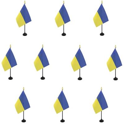 AZ FLAG Lot de 10 Mini Drapeau Ukraine De Table 15x10 cm 10 Drapeaux Ukrainien De Bureau 100% Polyester Avec Hampe Point Dorée - Publicité AZ FLAG Lot de 10 Mini Drapeau Ukraine De Table 15x10 cm 10 Drapeaux Ukrainien De Bureau 100% Polyester Avec Hampe Point Dorée - Publicité