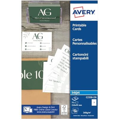 Avery Pochette de 75 cartes de correspondance à bords lisses imprimables recto/verso. En carte blanche mate 260g/m². Format 210 x 99 mm. Impression jet d'encre. (C2358-25) - Publicité Avery Pochette de 75 cartes de correspondance à bords lisses imprimables recto/verso. En carte blanche mate 260g/m². Format 210 x 99 mm. Impression jet d'encre. (C2358-25) - Publicité
