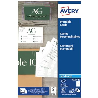 Avery Pochette de 36 cartes de correspondance à bords lisses (260g/m²). Personnalisables et imprimables. Format 210 x 99 mm. Impression jet d'encre. Publicité Avery Pochette de 36 cartes de correspondance à bords lisses (260g/m²). Personnalisables et imprimables. Format 210 x 99 mm. Impression jet d'encre. Publicité