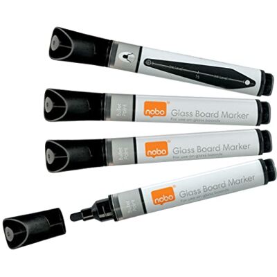 Nobo Marqueurs Effaçables à Sec Liquid Ink pour Tableau Blanc, Feutres Noirs avec Pointe Ogive de 3 mm, Lot de 4, Noir, 1905322 - Publicité Nobo Marqueurs Effaçables à Sec Liquid Ink pour Tableau Blanc, Feutres Noirs avec Pointe Ogive de 3 mm, Lot de 4, Noir, 1905322 - Publicité