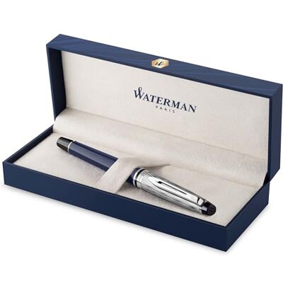 Waterman Expert Stylo plume Laqué gris métallique et bleu Capuchon biseauté Plume moyenne en acier inoxydable Encre bleue Écrin - Publicité Waterman Expert Stylo plume Laqué gris métallique et bleu Capuchon biseauté Plume moyenne en acier inoxydable Encre bleue Écrin - Publicité